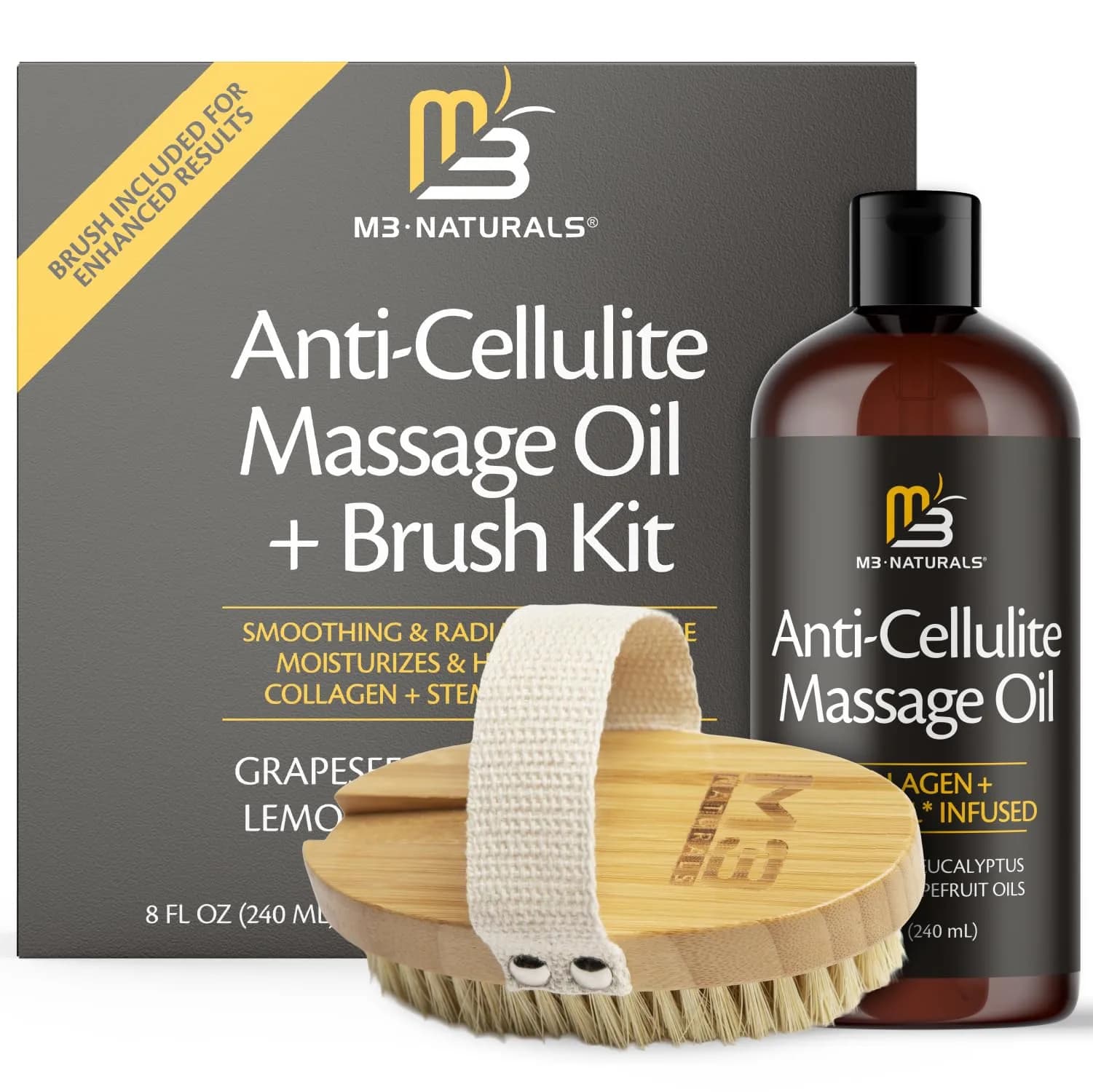 M3 Naturals Anti-Cellulite Massage Oil & Firm Dry Body Brush Kit 237ml (8 fl oz) | FDA Approved & Cruelty-Free - main product image
