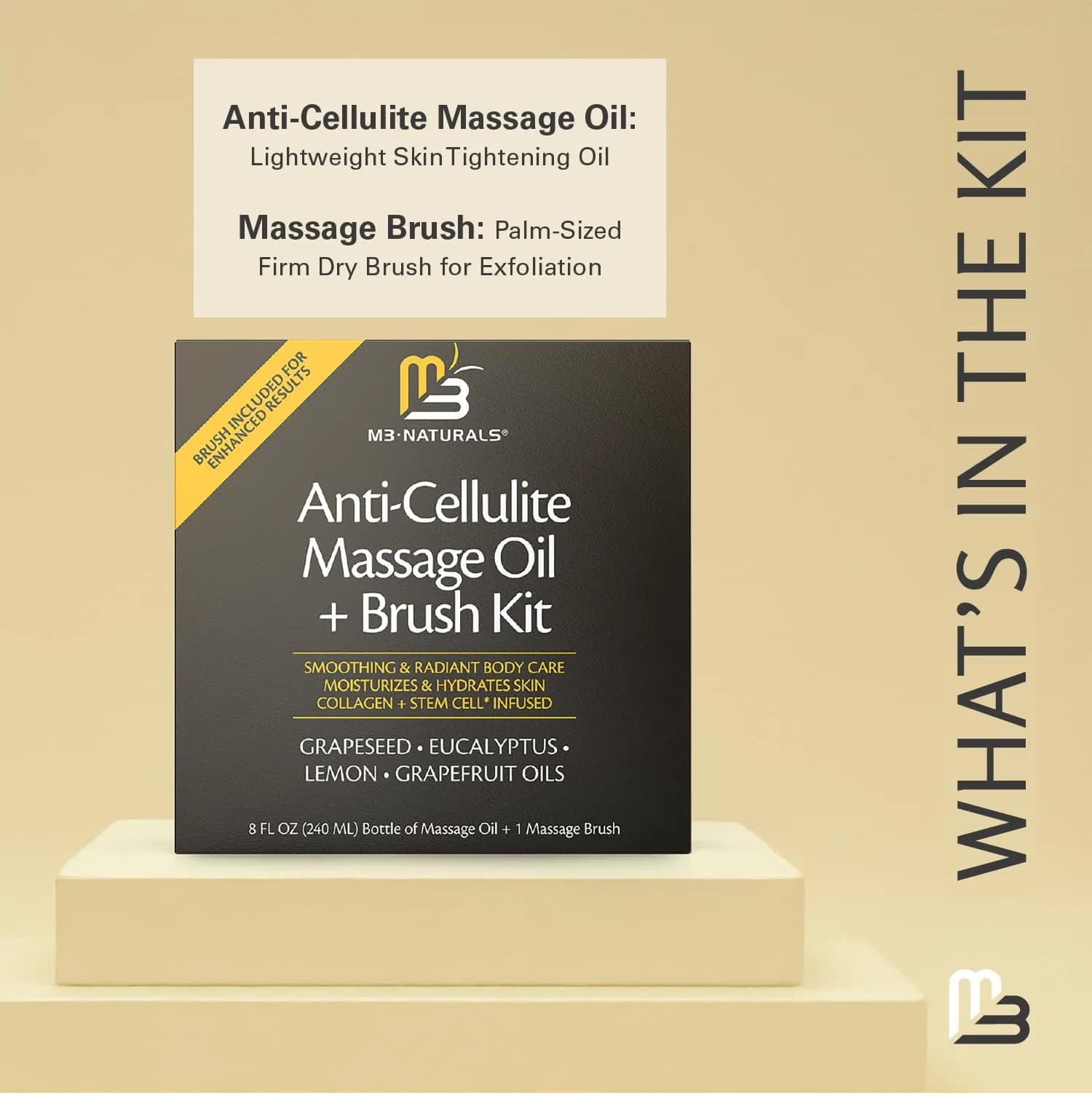 M3 Naturals Anti-Cellulite Massage Oil & Firm Dry Body Brush Kit 237ml (8 fl oz) | FDA Approved & Cruelty-Free - view 5
