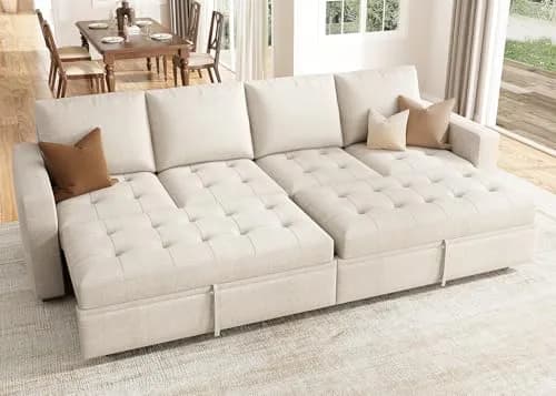 HONBAY Linen Modular Sectional Sleeper Sofa with Pull Out Bed | Modern Beige 55.5x101.4x35 inch thumbnail 1