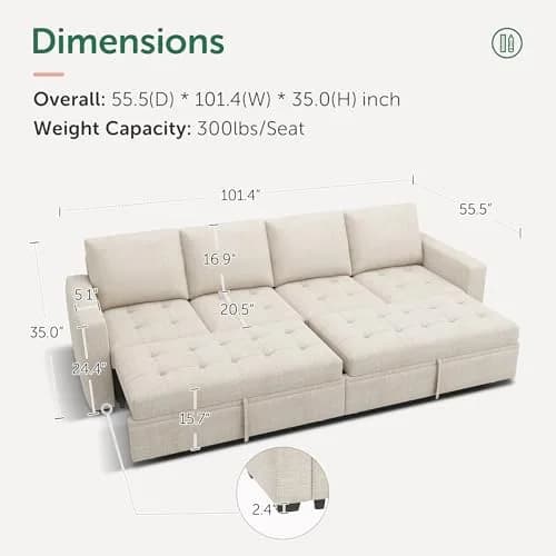 HONBAY Linen Modular Sectional Sleeper Sofa with Pull Out Bed | Modern Beige 55.5x101.4x35 inch thumbnail 2
