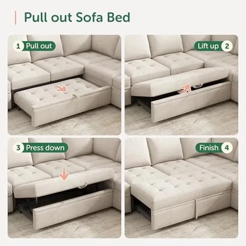 HONBAY Linen Modular Sectional Sleeper Sofa with Pull Out Bed | Modern Beige 55.5x101.4x35 inch thumbnail 3