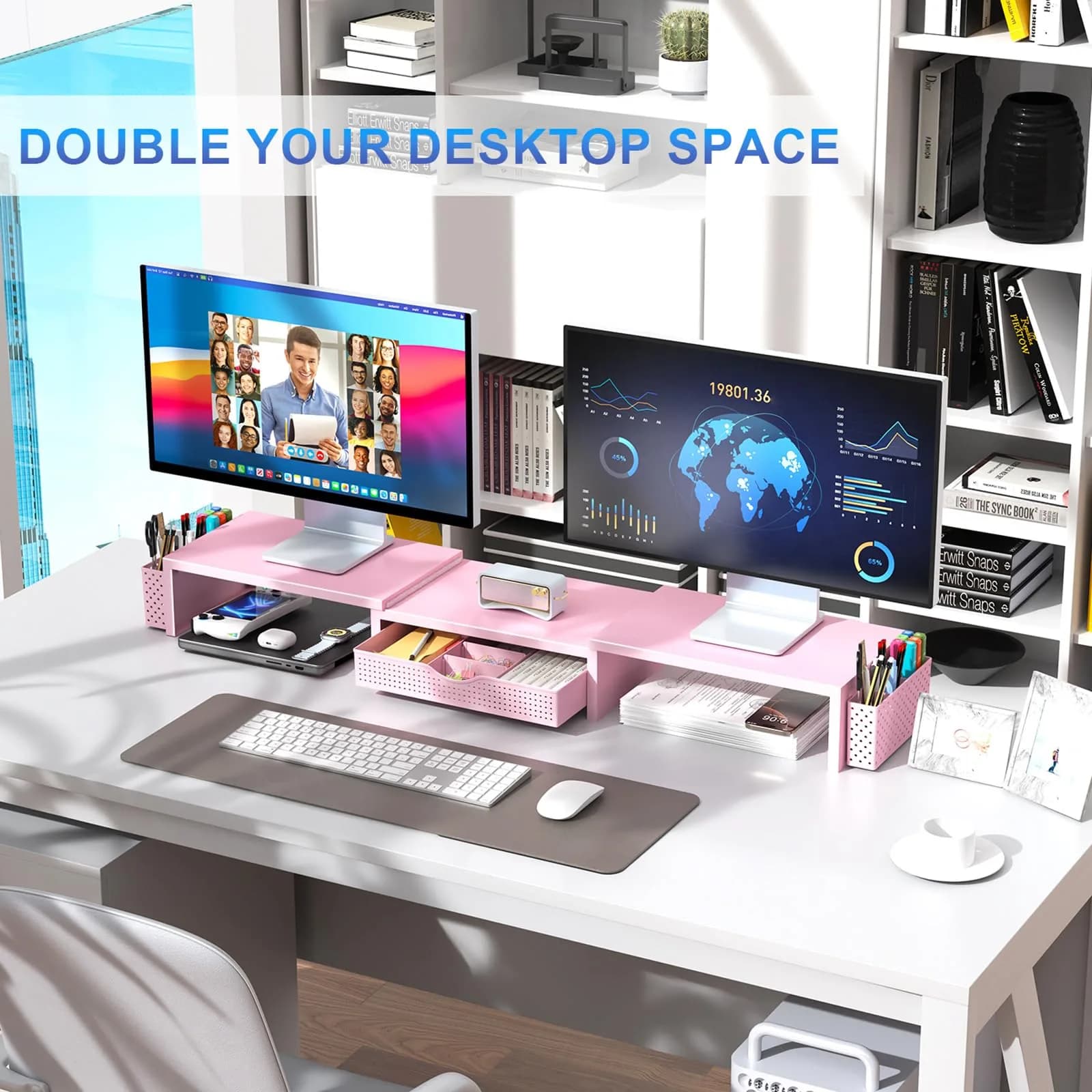 gianotter Dual Monitor Stand Riser with Drawer and Pen Holders, Pink | USPTO Patented Organizer - view 5