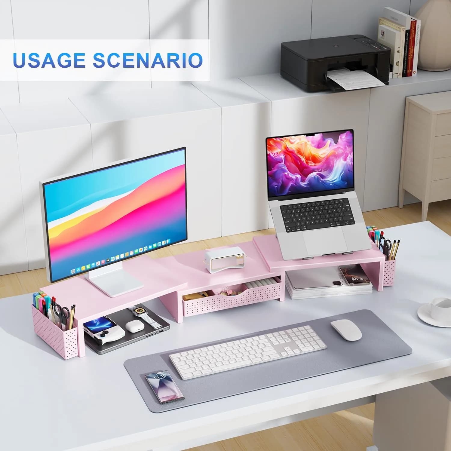 gianotter Dual Monitor Stand Riser with Drawer and Pen Holders, Pink | USPTO Patented Organizer - view 6