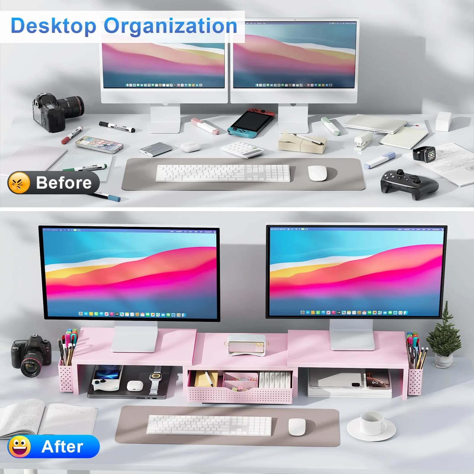 gianotter Dual Monitor Stand Riser with Drawer and Pen Holders, Pink | USPTO Patented Organizer - view 2