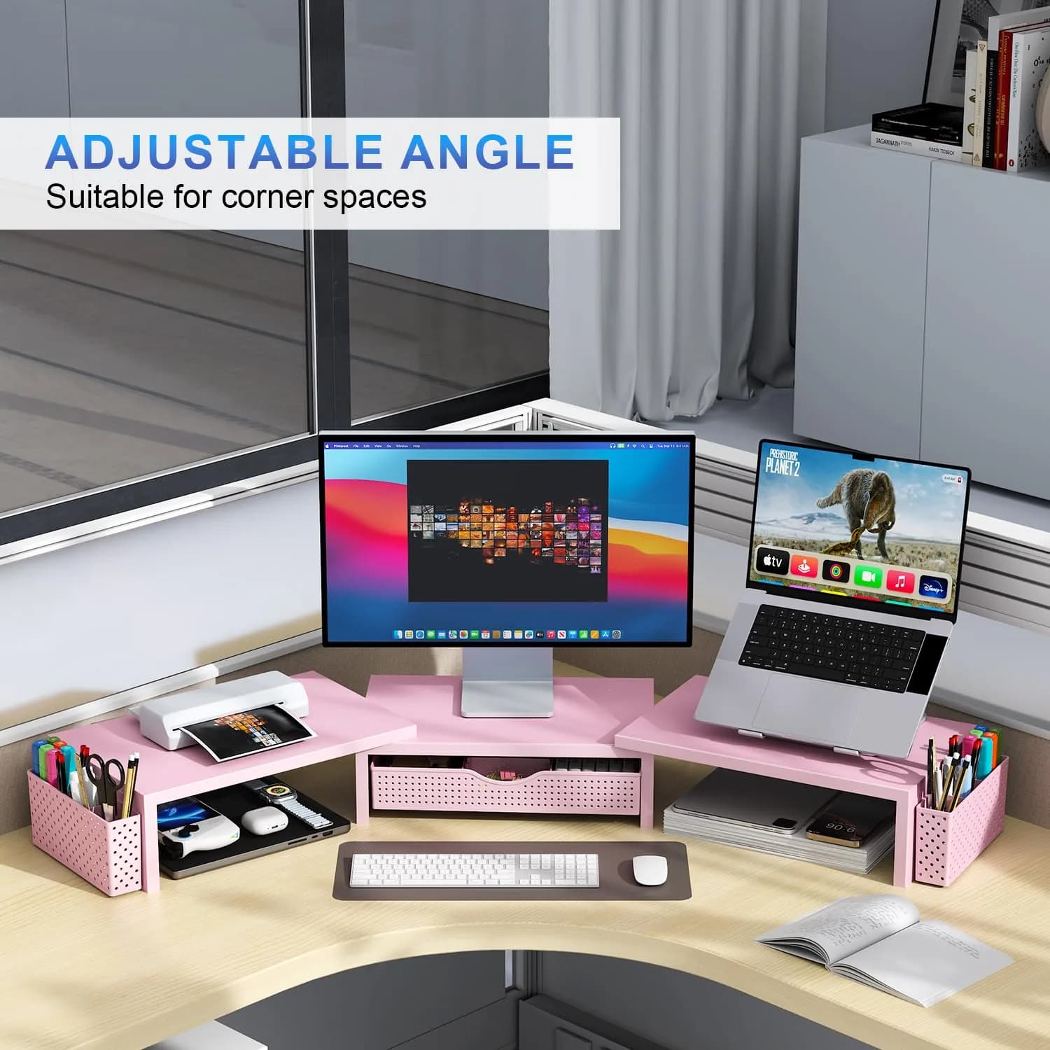 gianotter Dual Monitor Stand Riser with Drawer and Pen Holders, Pink | USPTO Patented Organizer - view 3