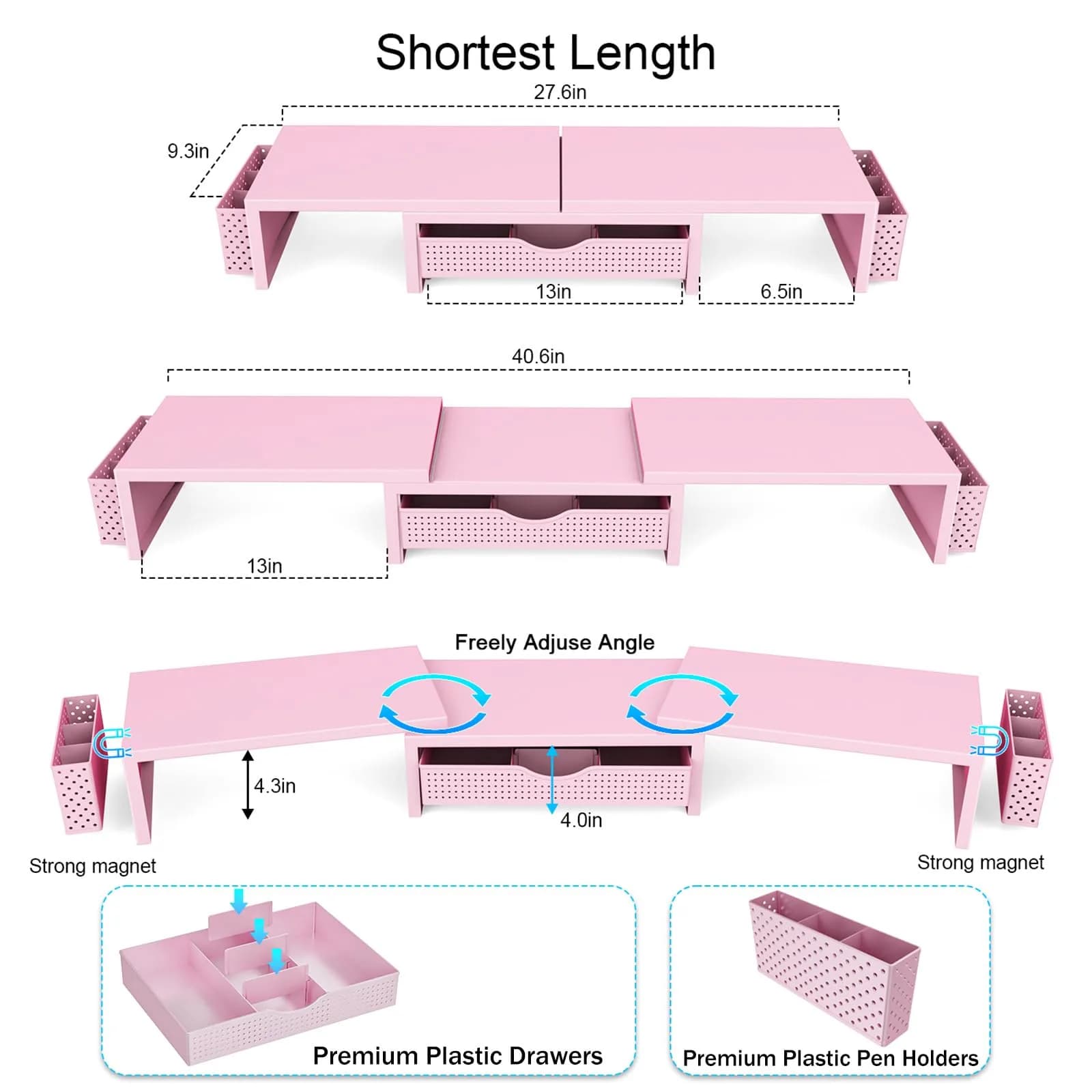gianotter Dual Monitor Stand Riser with Drawer and Pen Holders, Pink | USPTO Patented Organizer - view 4