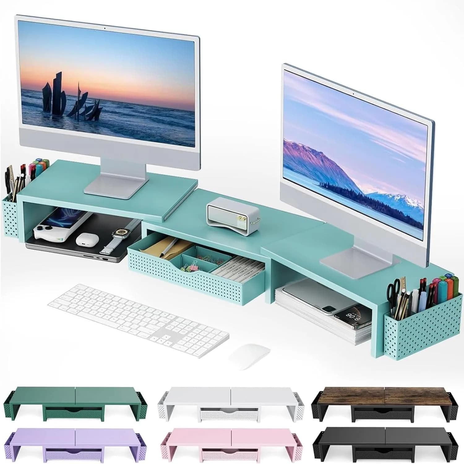gianotter Dual Monitor Stand Riser With Drawer and 2 Pen Holders, Blue | Metal, 3.08 kg (6.8 lb) - main product image