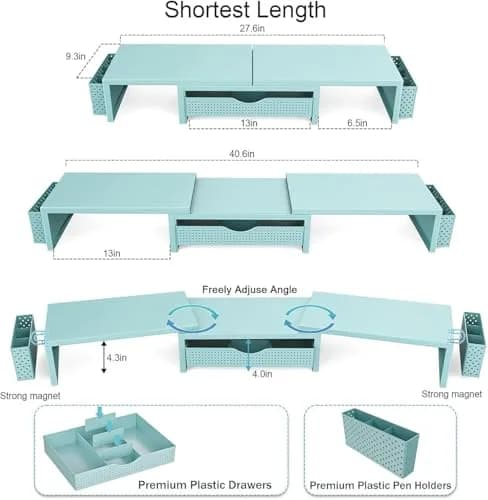 gianotter Dual Monitor Stand Riser With Drawer and 2 Pen Holders, Blue | Metal, 3.08 kg (6.8 lb) thumbnail 4