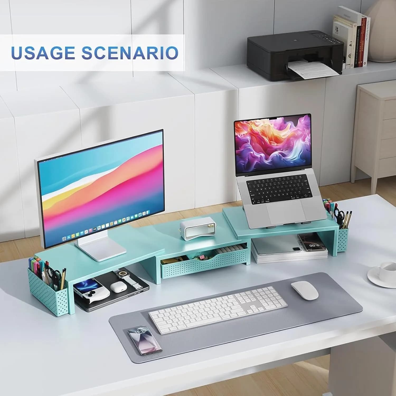 gianotter Dual Monitor Stand Riser with Drawer and Pen Holders, Blue | USPTO Patented Organizer - view 5