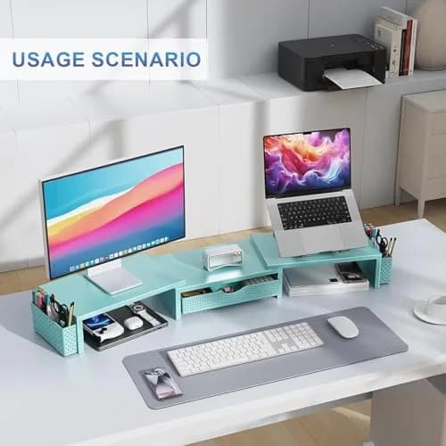 gianotter Dual Monitor Stand Riser With Drawer and 2 Pen Holders, Blue | Metal, 3.08 kg (6.8 lb) thumbnail 5
