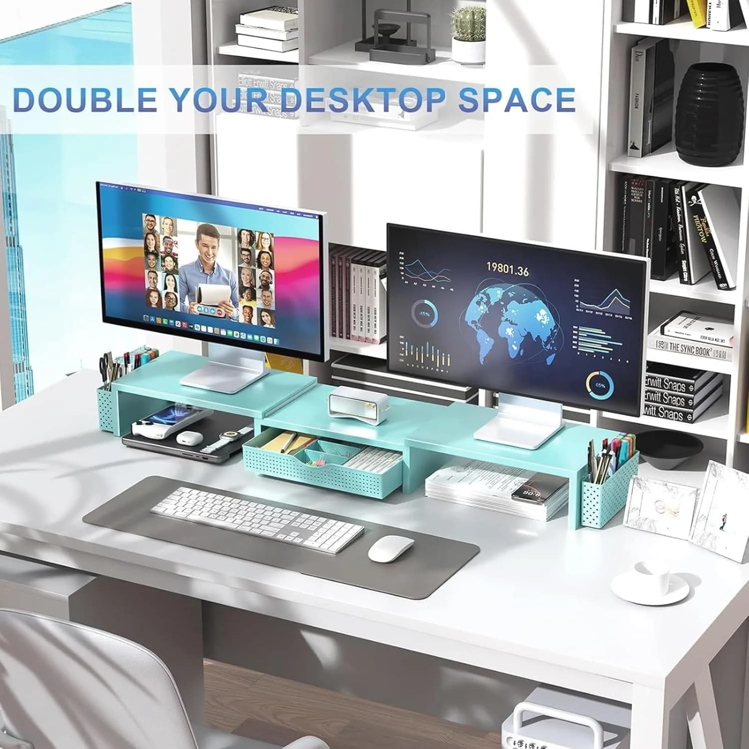gianotter Dual Monitor Stand Riser with Drawer and Pen Holders, Blue | USPTO Patented Organizer - view 6