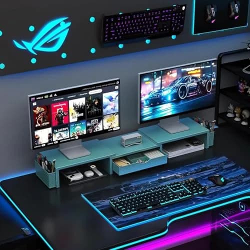 gianotter Dual Monitor Stand Riser With Drawer and 2 Pen Holders, Blue | Metal, 3.08 kg (6.8 lb) thumbnail 7