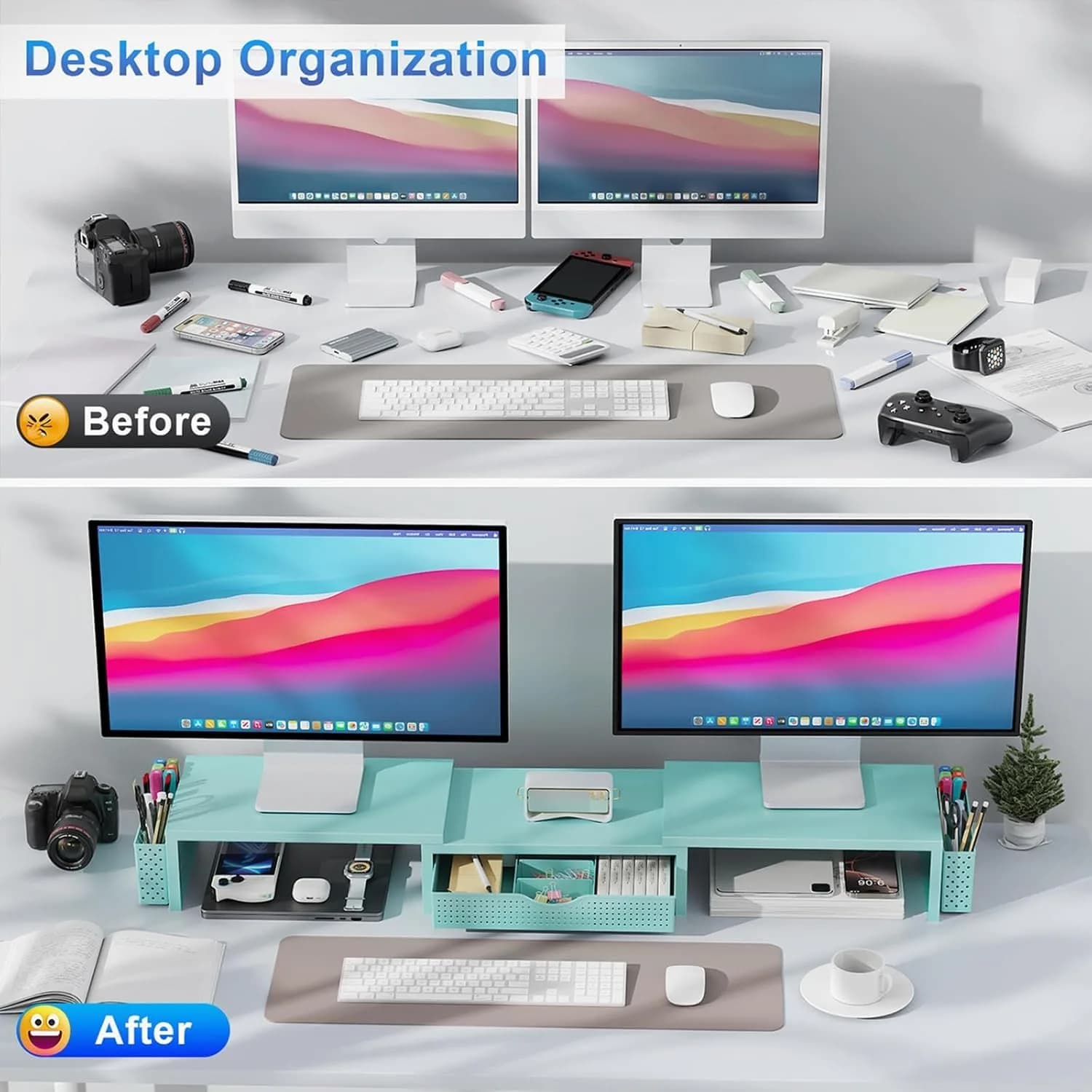 gianotter Dual Monitor Stand Riser with Drawer and Pen Holders, Blue | USPTO Patented Organizer - view 2