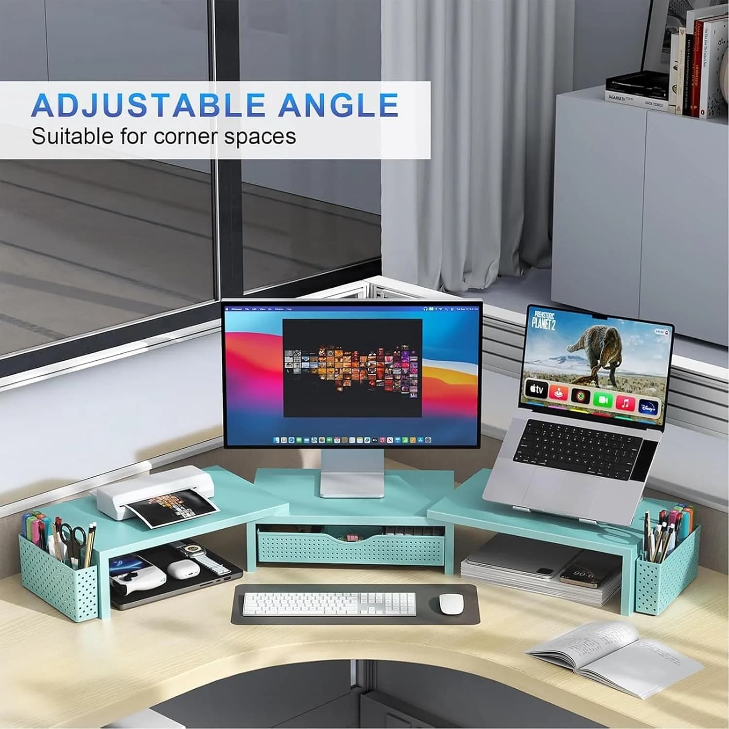 gianotter Dual Monitor Stand Riser with Drawer and Pen Holders, Blue | USPTO Patented Organizer - view 3