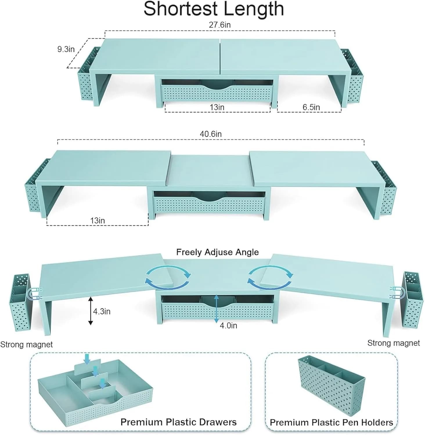 gianotter Dual Monitor Stand Riser with Drawer and Pen Holders, Blue | USPTO Patented Organizer - view 4