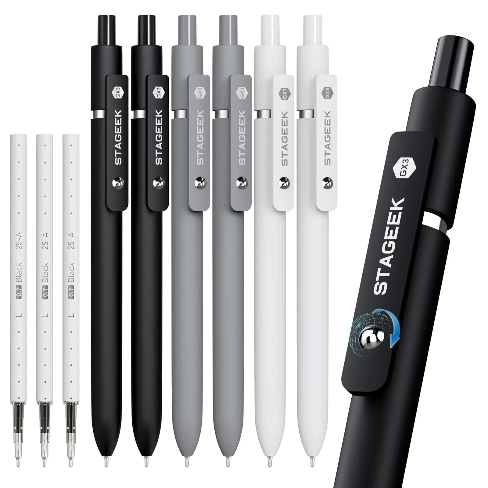 STAGEEK GX3 Black Gel Pens 0.7mm (6 Pens + 3 Refills) | Smooth Writing, Quick Dry, Soft Grip