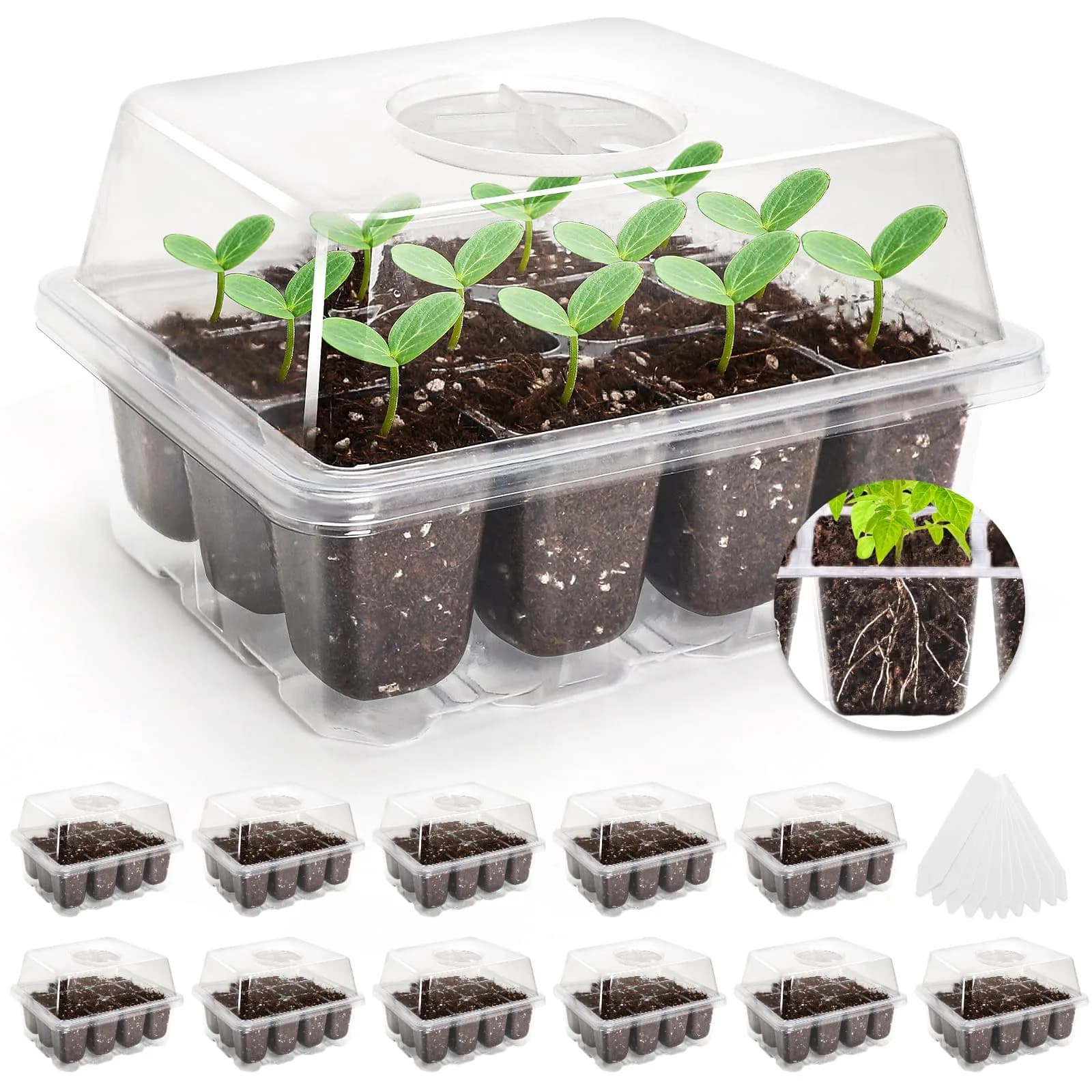 MIXC 10 Pack Seed Starter Tray Kit with Humidity Dome & 120 Cells | Reusable Seedling Propagation Trays with Drainage & Adjustable Vent — Transparent