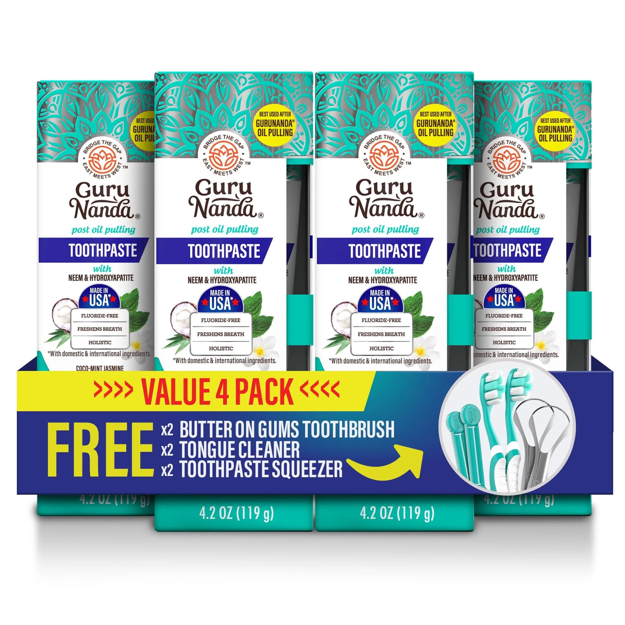 GuruNanda Hydroxyapatite Toothpaste with Neem & Vitamins, 4x4.2oz (16.8oz Total) | Fluoride-Free, Dentist-Recommended - main product image
