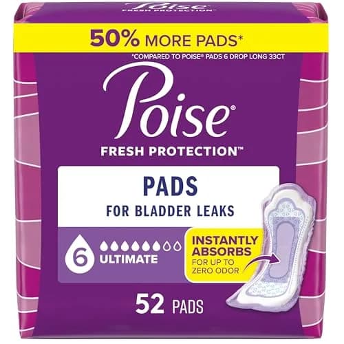 Poise Incontinence Pads for Women, 6 Drop Ultimate Absorbency, 52 Count | USA Import with 12-Hour Odor Control thumbnail 1