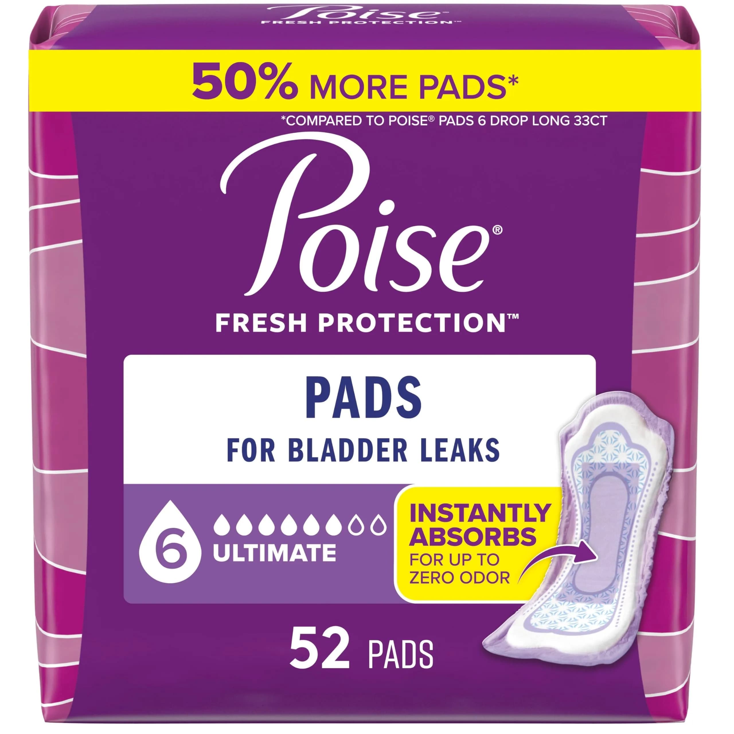 Poise Incontinence Pads for Women, 6 Drop Ultimate Absorbency, 52 Count | USA Import with 12-Hour Odor Control - main product image