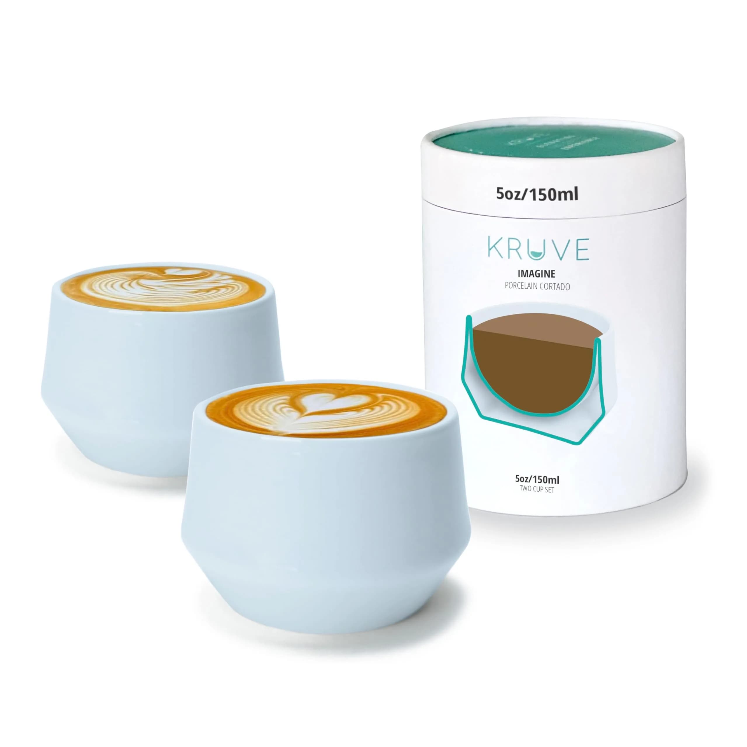 KRUVE IMAGINE Porcelain Latte Coffee Cups Set of 2, 150ml (5oz) Double Walled Thermal Spherical Design | Perfect for Latte Art — Blue