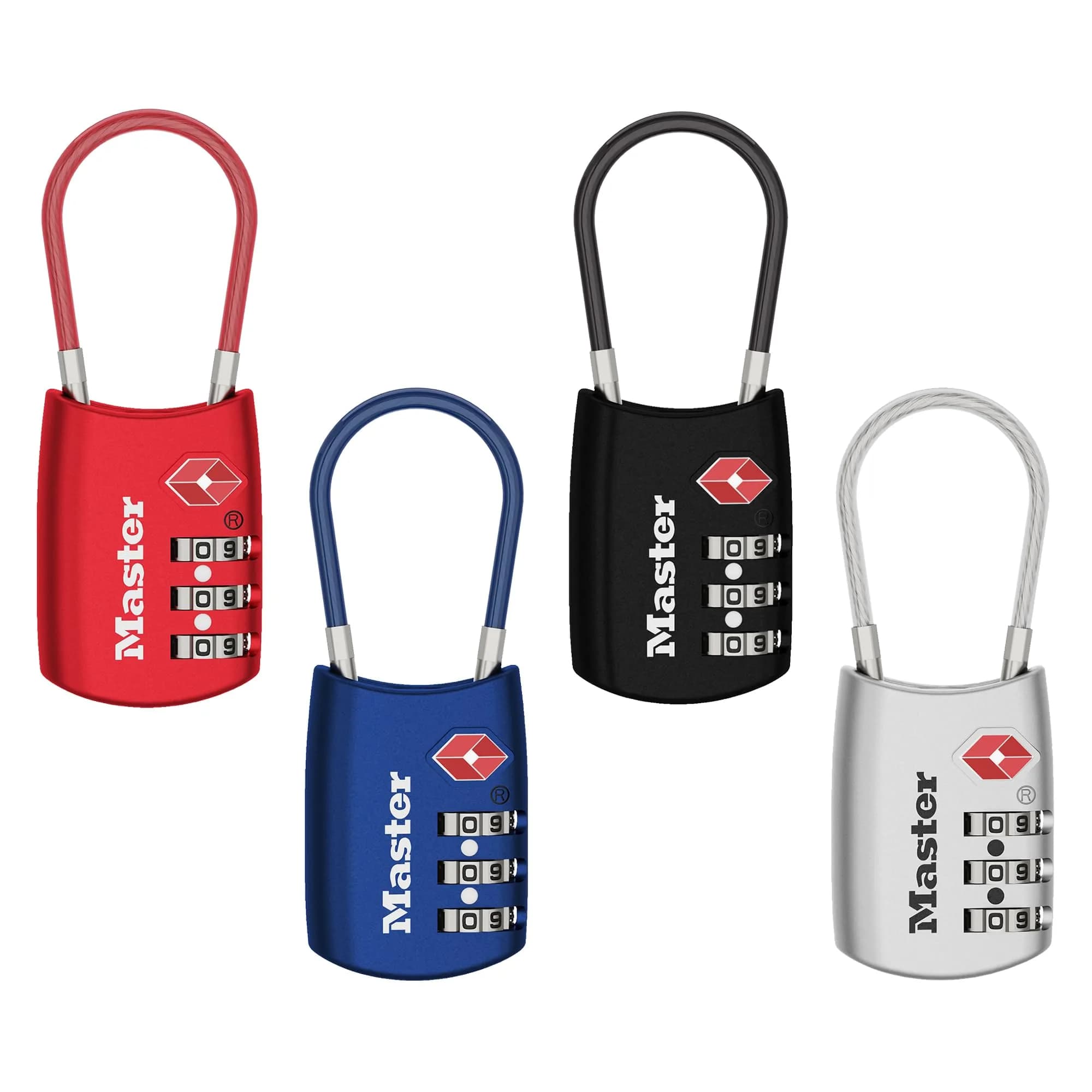 Master Lock TSA Approved Combination Luggage Lock 4-Pack | Resettable 3-Digit Lock for Suitcases & Backpacks — Black, Blue, Red, Silver