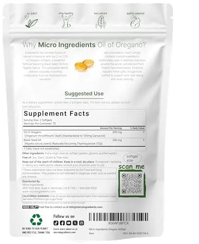 Micro Ingredients Oil of Oregano with Black Seed Oil 150 Softgels | Supports Immune & Wellness thumbnail 2