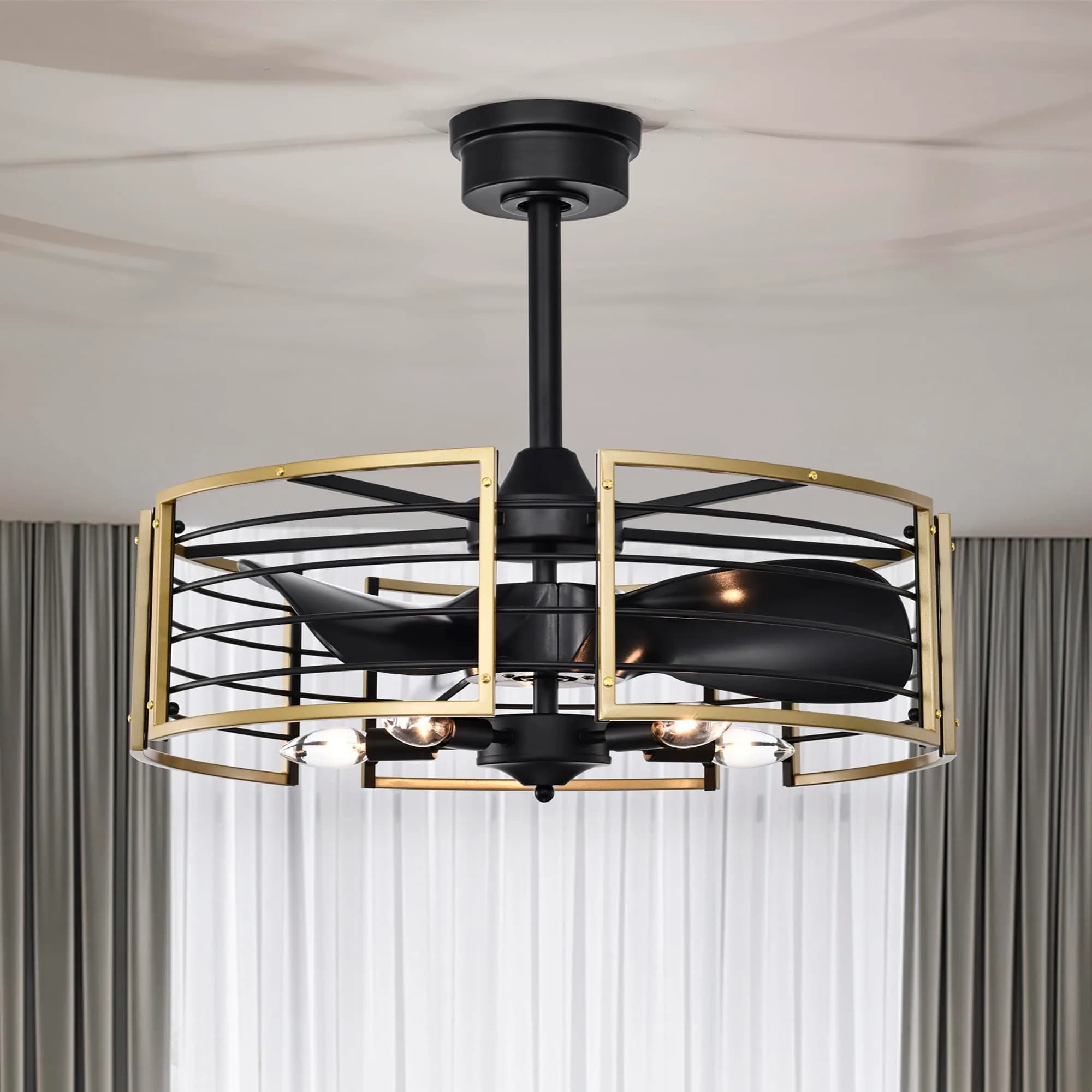 Home Accessories Veit 24 Inch Matte Gold Cage Design Fandelier | Modern Ceiling Fan with Remote — Black