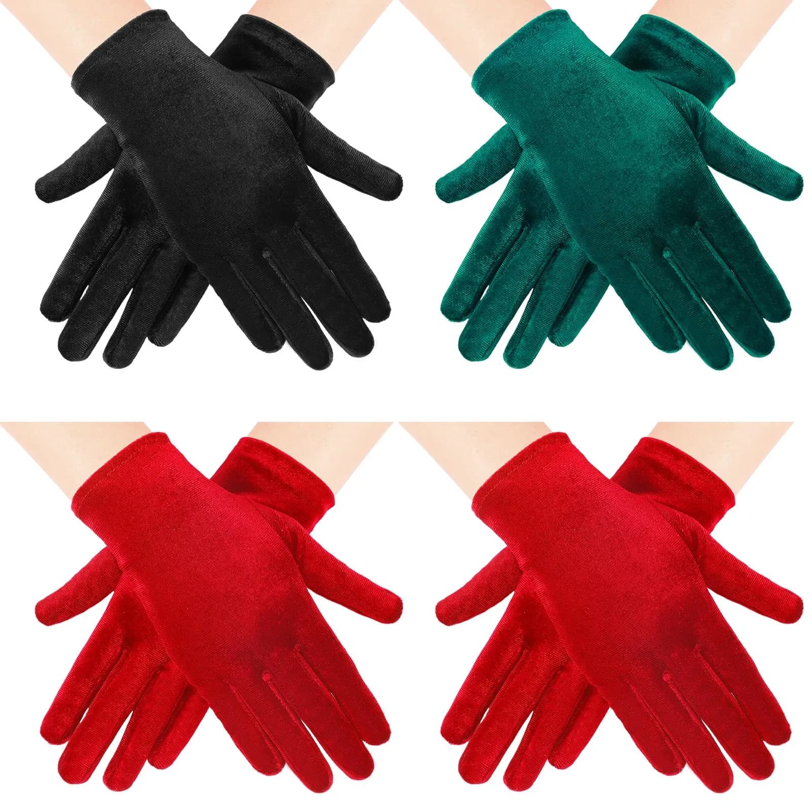 Geyoga Women's Short Velvet Gloves 22 cm (8.7 inch) | 4 Pairs Black, Dark Green, Red