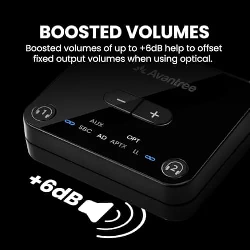 Avantree Audikast 3 Bluetooth TV Transmitter for 2 Headphones | 100ft Range, aptX-Adaptive, Optical & AUX Input thumbnail 4