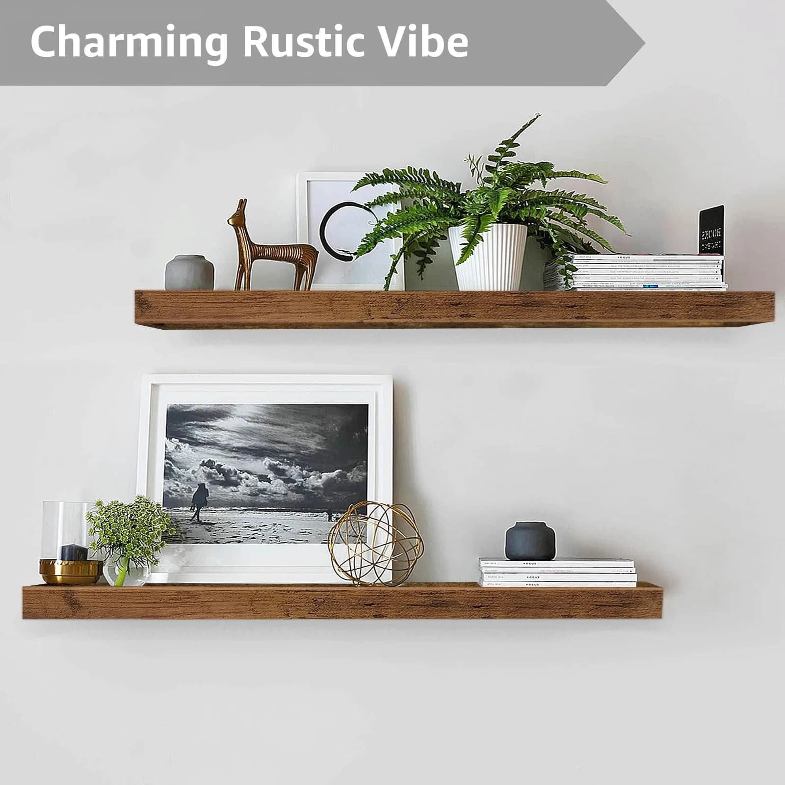 QEEIG Floating Shelves for Wall 39.4" Long (100 cm) - Set of 2 Rustic Brown | Farmhouse Style Wall Mounted Display Bookshelf - view 5