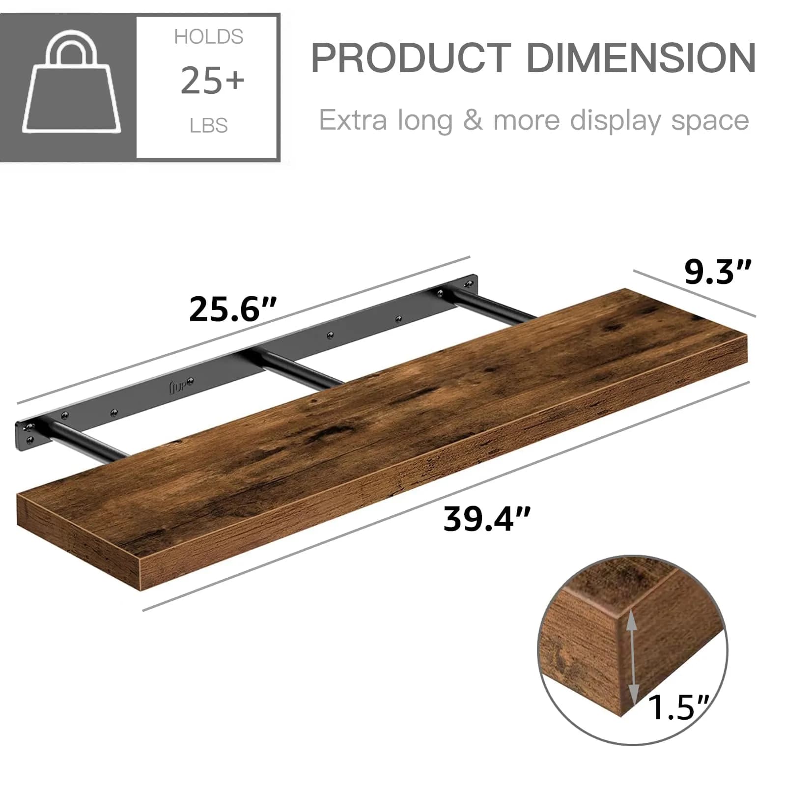 QEEIG Floating Shelves for Wall 39.4" Long (100 cm) - Set of 2 Rustic Brown | Farmhouse Style Wall Mounted Display Bookshelf - view 3