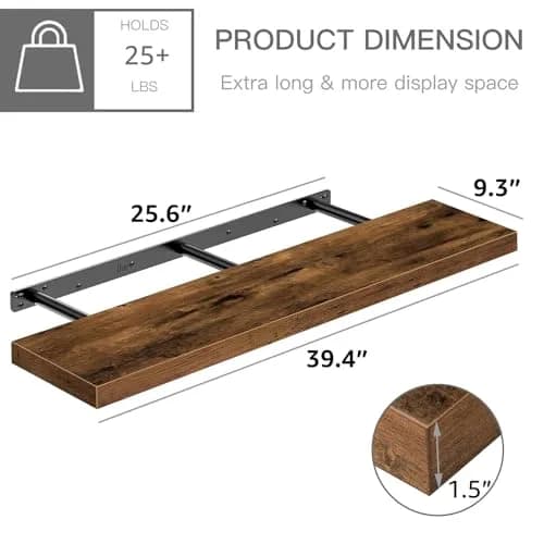 QEEIG Floating Shelves for Wall 39.4" Long (100 cm) - Set of 2 Rustic Brown | Farmhouse Style Wall Mounted Display Bookshelf thumbnail 3