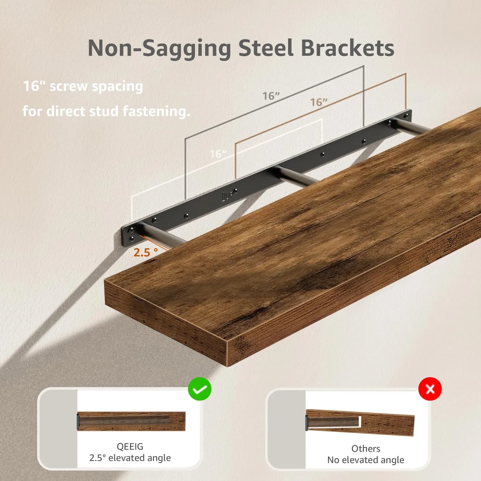QEEIG Floating Shelves for Wall 39.4" Long (100 cm) - Set of 2 Rustic Brown | Farmhouse Style Wall Mounted Display Bookshelf - view 4