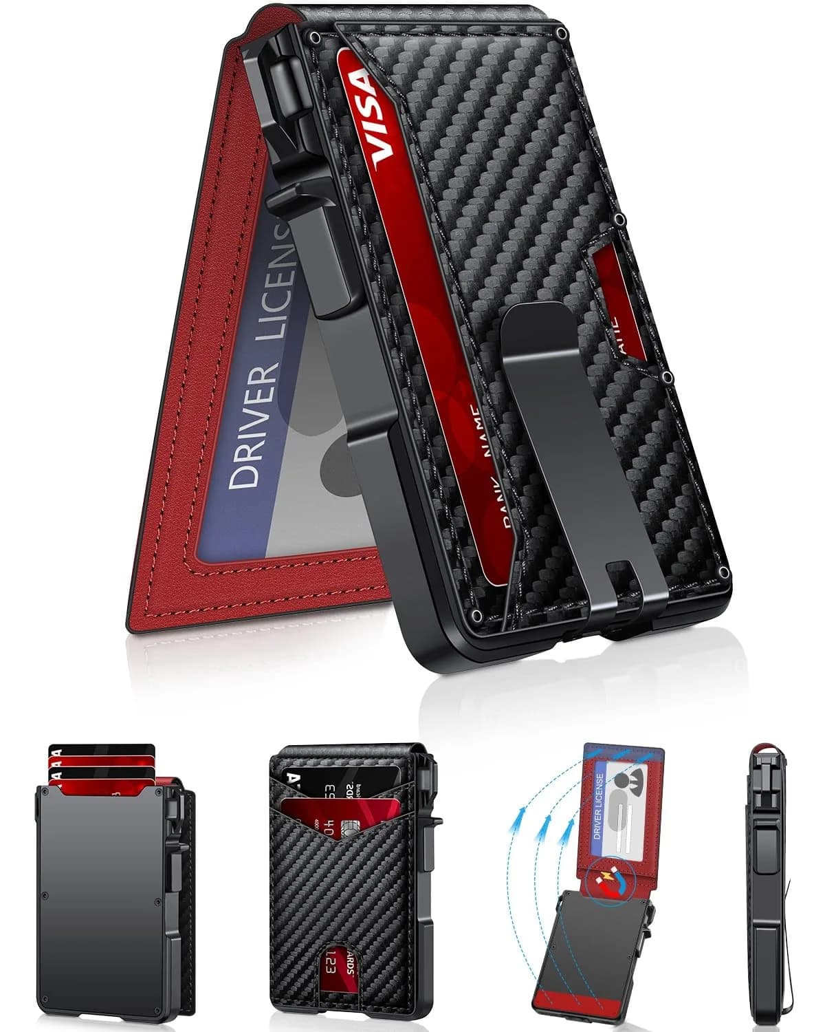 ZALVEX Minimalist Wallet for Men, 12+ Cards, RFID Blocking Slim Bifold Wallet with Pop-Up Card Case & Money Clip | 7.0cm x 4.8cm x 1.3cm (2.7 x 1.9 x 0.5 inches) — Carbon Fiber & Red