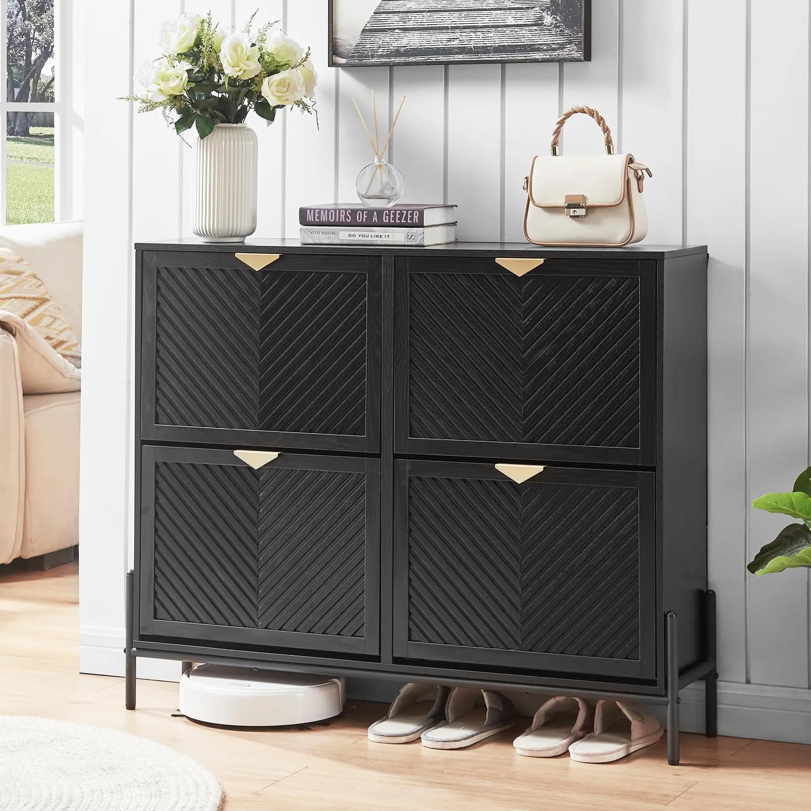 VIPLUMI Shoe Cabinet with 2 Flip Drawers | Narrow Entryway Storage in Brown — Black / Large