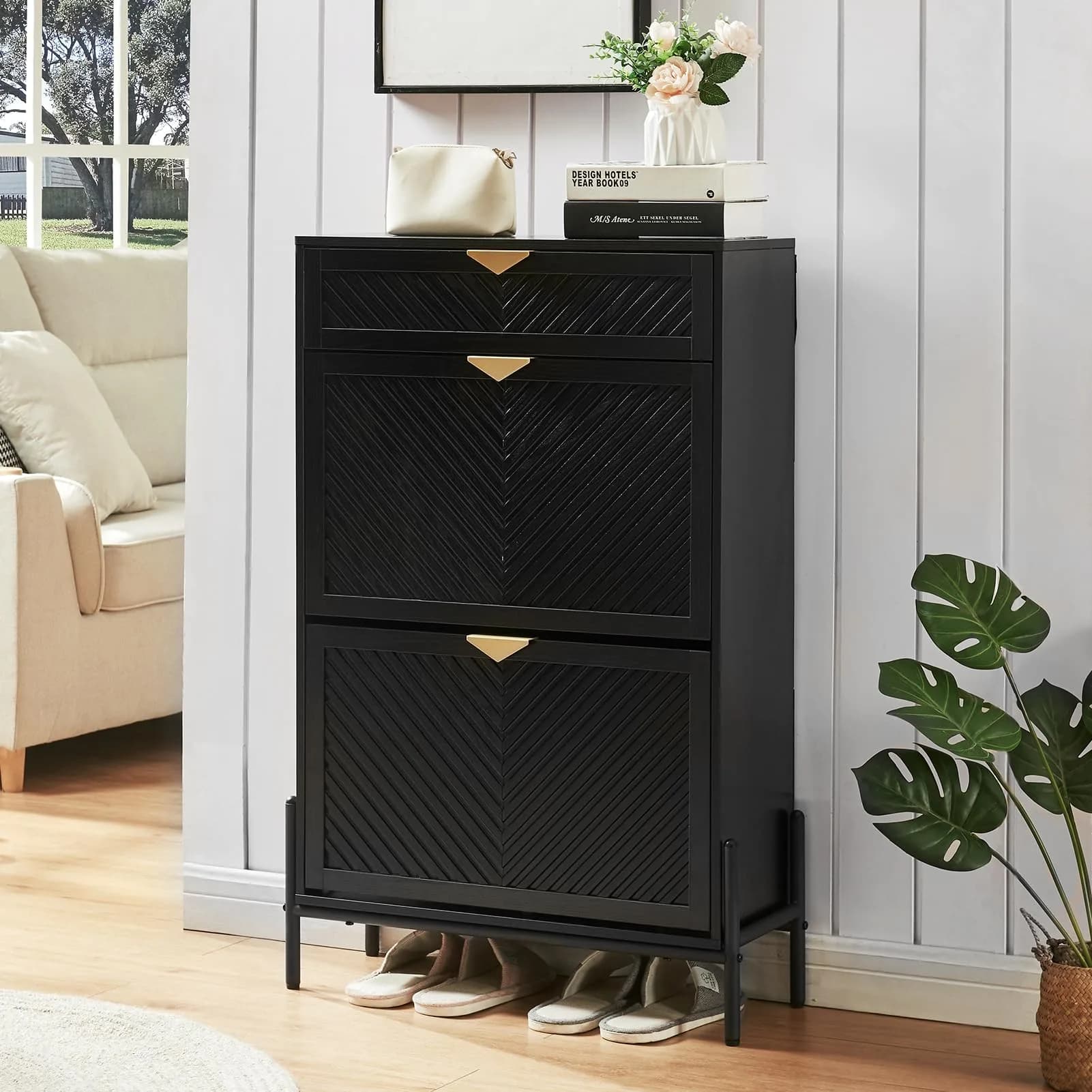 VIPLUMI Shoe Cabinet with 2 Flip Drawers | Narrow Entryway Rack in Black — Black
