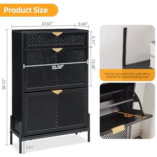 VIPLUMI Shoe Cabinet with 2 Flip Drawers | Narrow Entryway Rack in Black thumbnail 7