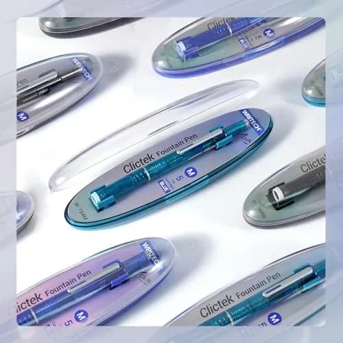 WRITECH Clictek Retractable Fountain Pen Medium Nib Blue Ink Transparent Barrel with 5 Refillable Ink Cartridges | Smooth Writing for Journaling & Calligraphy thumbnail 6