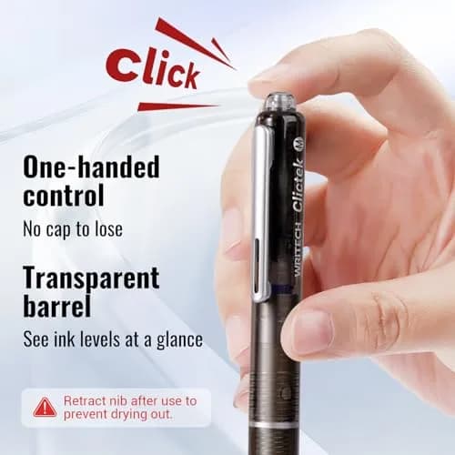 WRITECH Clictek Retractable Fountain Pen Medium Nib Blue Ink Transparent Barrel with 5 Refillable Ink Cartridges | Smooth Writing for Journaling & Calligraphy thumbnail 3
