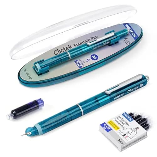 WRITECH Clictek Retractable Fountain Pen Set: Blue Ink Medium Nib, Transparent Barrel, 5 Ink Cartridges | Smooth Writing, No Leaking thumbnail 1