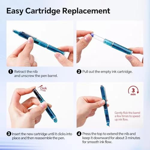 WRITECH Clictek Retractable Fountain Pen Set: Blue Ink Medium Nib, Transparent Barrel, 5 Ink Cartridges | Smooth Writing, No Leaking thumbnail 2