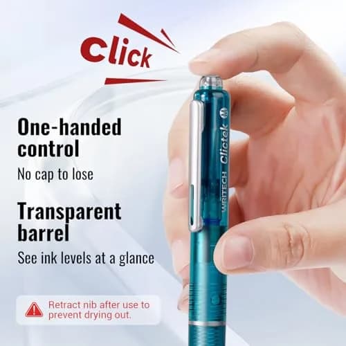 WRITECH Clictek Retractable Fountain Pen Set: Blue Ink Medium Nib, Transparent Barrel, 5 Ink Cartridges | Smooth Writing, No Leaking thumbnail 3