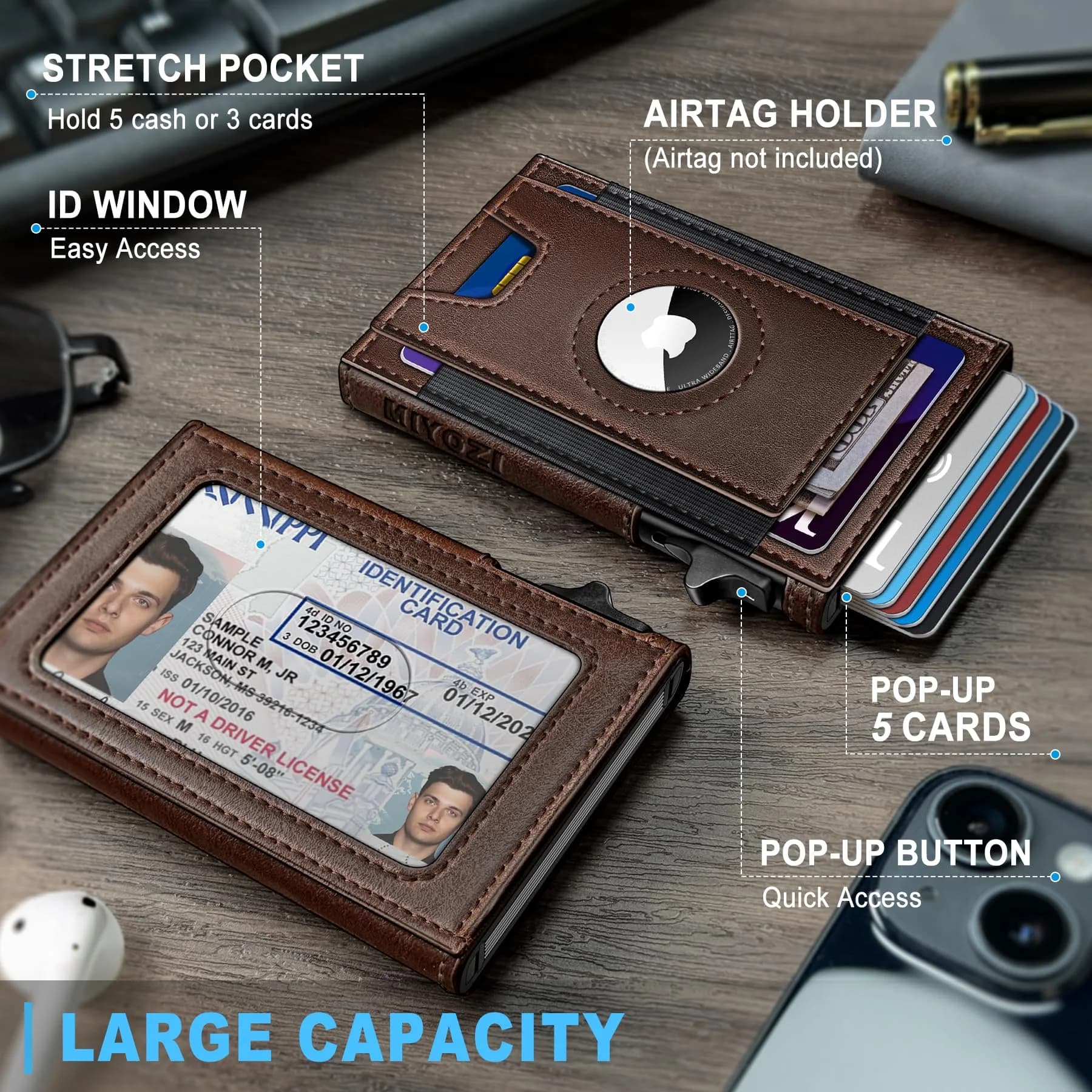 miyozi Airtag Wallet for Men, Slim Pop Up Credit Card Holder RFID Blocking Mens Minimalist wallet for 7-9 Cards ID Window thumbnail 2