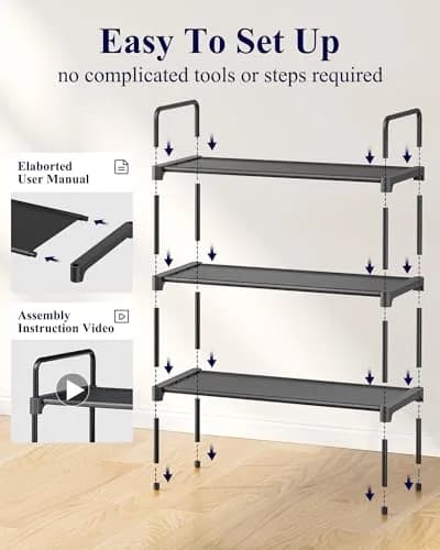 Kitsure 3-Tier Shoe Rack 70.1cm (27.6") Wide | Stackable Black Metal & Fabric Organizer thumbnail 6