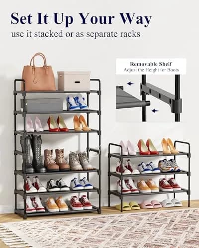 Kitsure 3-Tier Shoe Rack 70.1cm (27.6") Wide | Stackable Black Metal & Fabric Organizer thumbnail 7