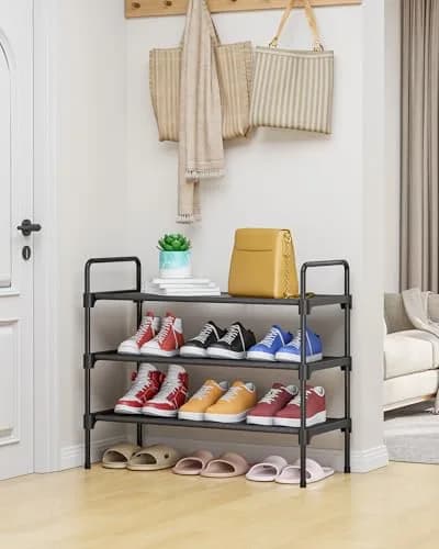 Kitsure 3-Tier Shoe Rack 70.1cm (27.6") Wide | Stackable Black Metal & Fabric Organizer thumbnail 2