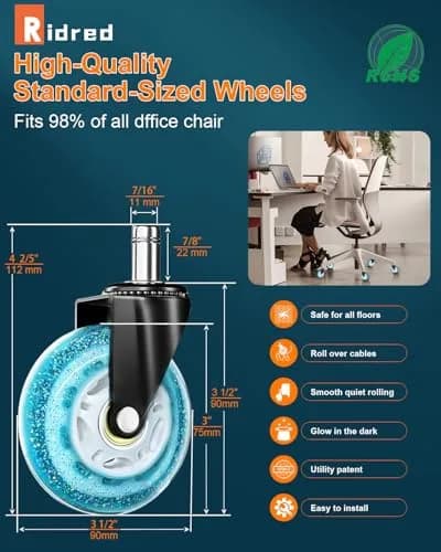 RidRed Heavy-Duty Office Chair Wheels 7.62 cm (3 Inch) Sparkling Sky Blue | Smooth Rolling, Noise-Free, Universal Fit thumbnail 9