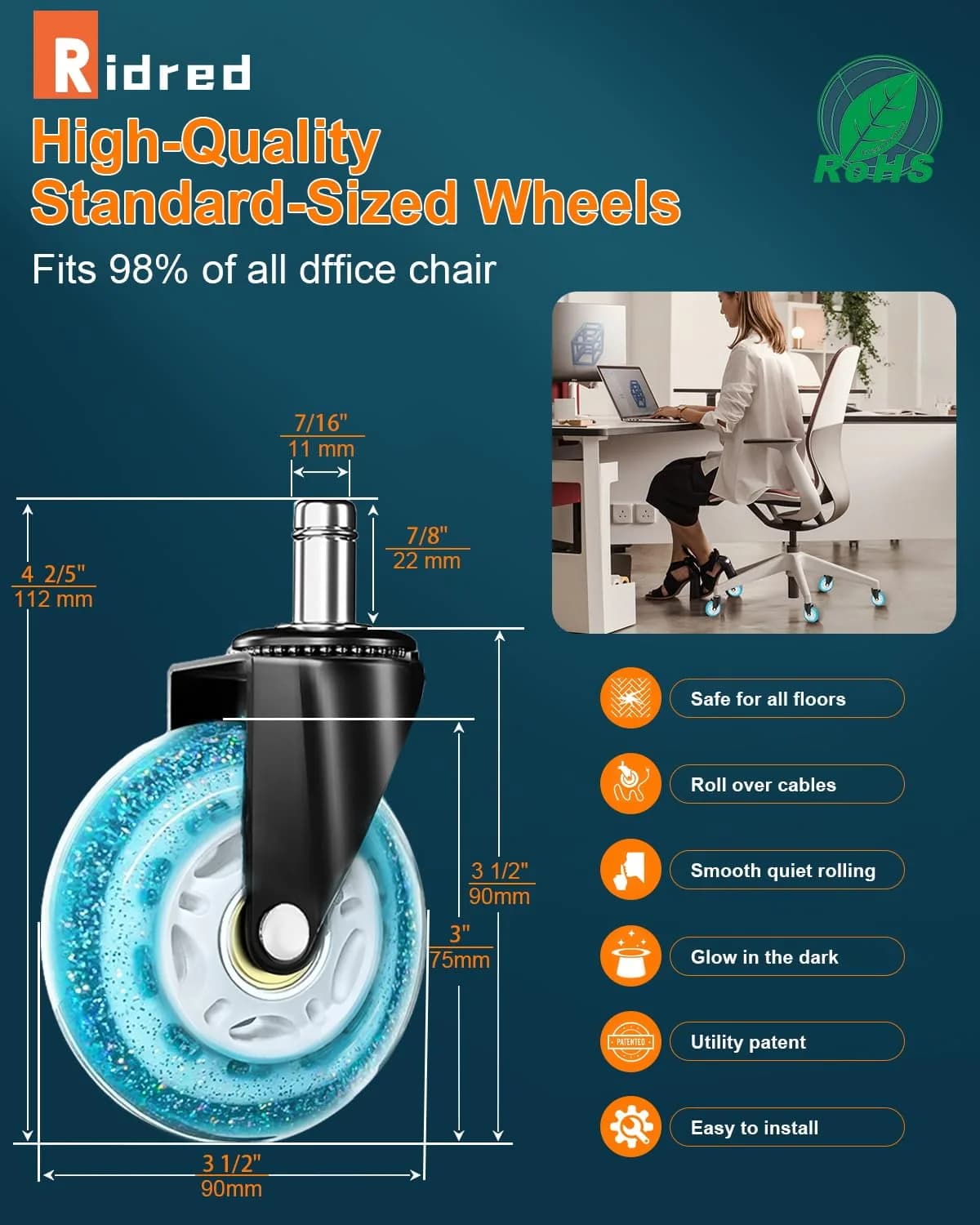 RidRed Heavy Duty Office Chair Wheels | Sparkling Sky Blue Rollerblade Casters (5-Pack) - view 9