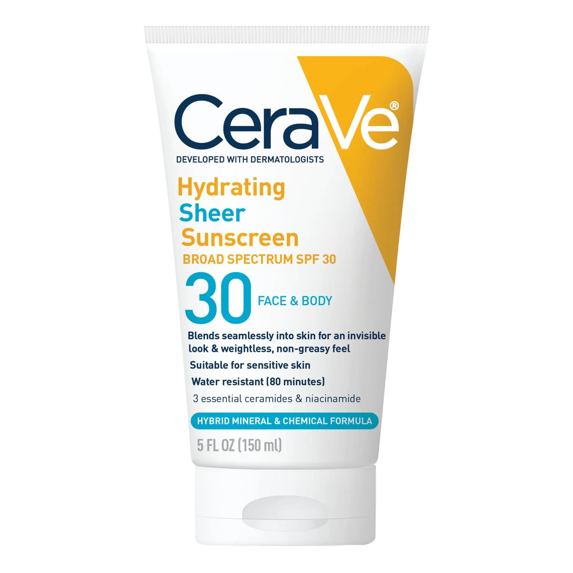CeraVe Hydrating Sheer Sunscreen SPF 30, 10 Fl Oz (Pack of 2) | Mineral & Chemical Hybrid with Hyaluronic Acid & Ceramides — 5 Fl Oz